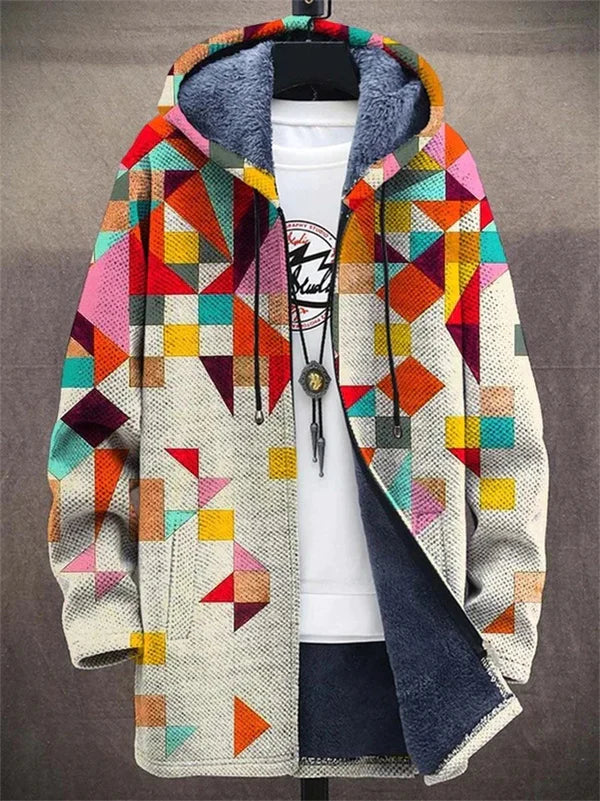 Men's Winter Hooded Jacket – Fleece Lining, Geometric Pattern