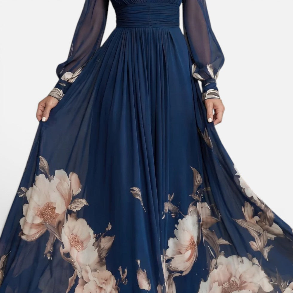 Women's Floral Maxi Dress with V-Neck and Long Sleeves