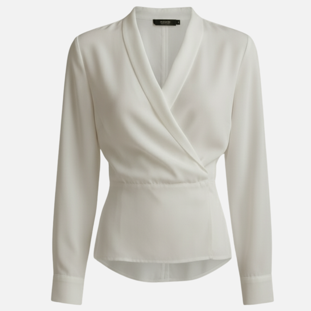 Women’s Elegant Wrap Blouse – Long Satin Sleeve V-Neck Top