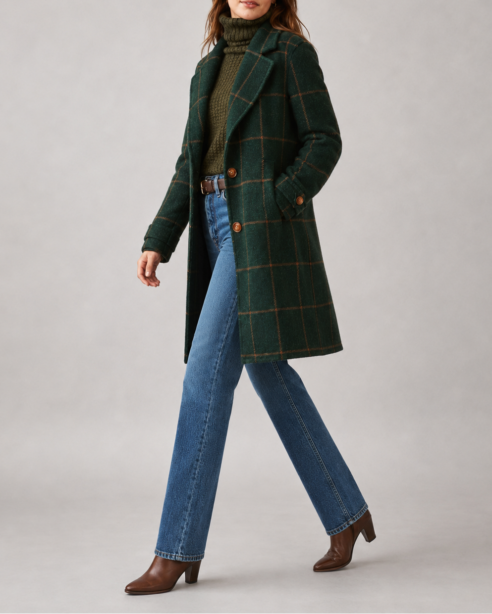 Women's Wool Coat – Windowpane Plaid, Notch Lapel