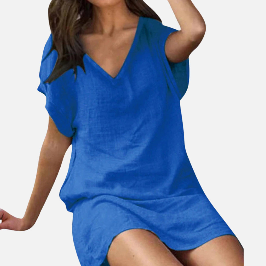 Linen Short Sleeve Dress with V-Neck