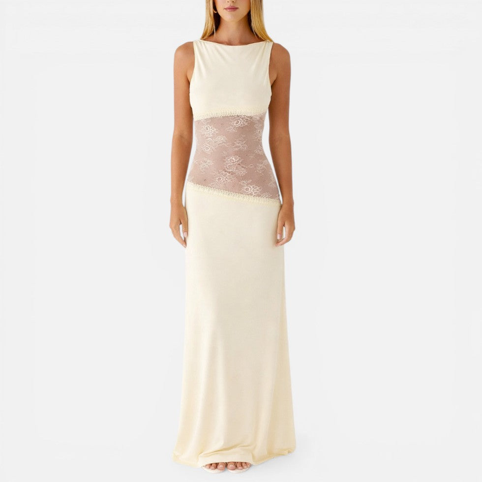 Women's Lace Waist Maxi Dress with Open Back
