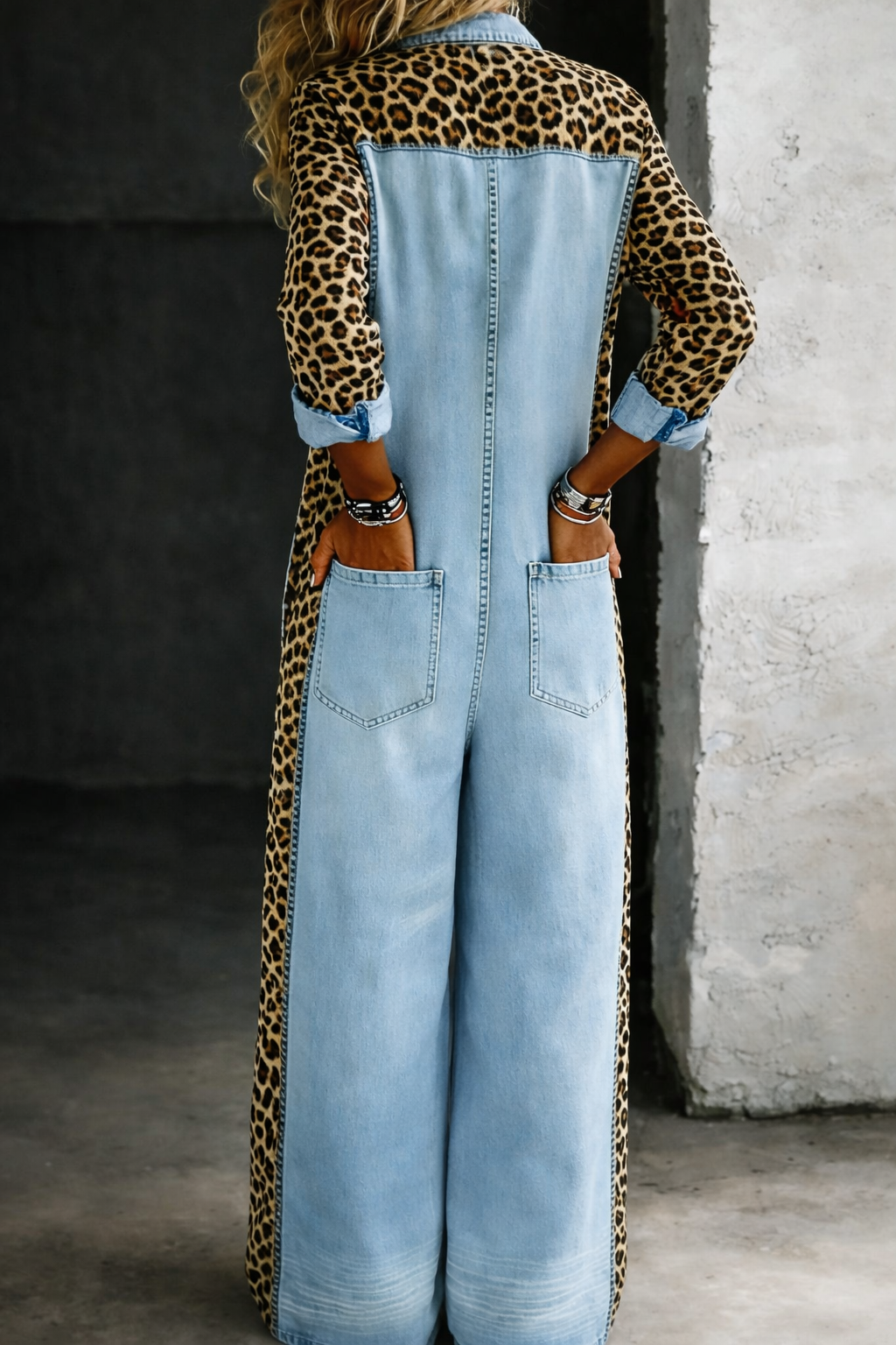 Women's Wide-Leg Denim Jumpsuit with Leopard Print