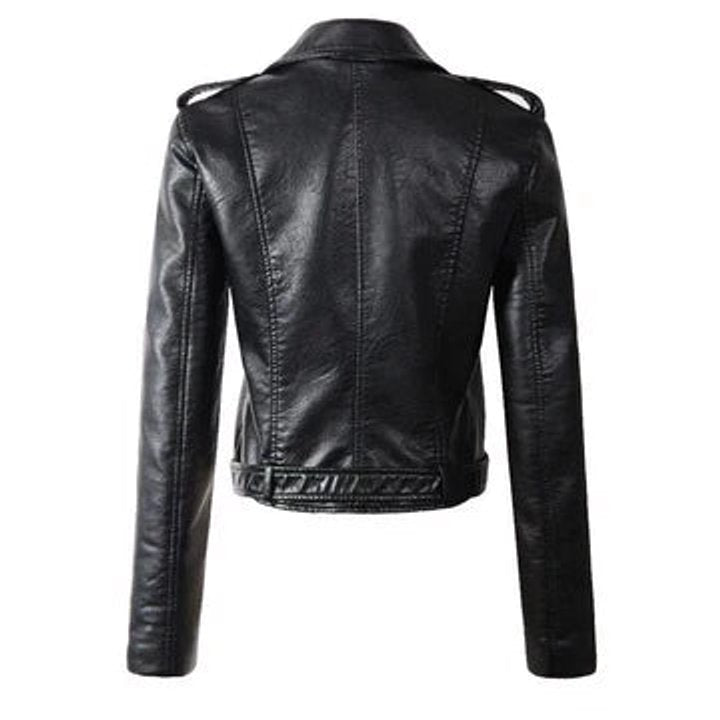 Women's Cropped Faux Leather Biker Jacket with Belt