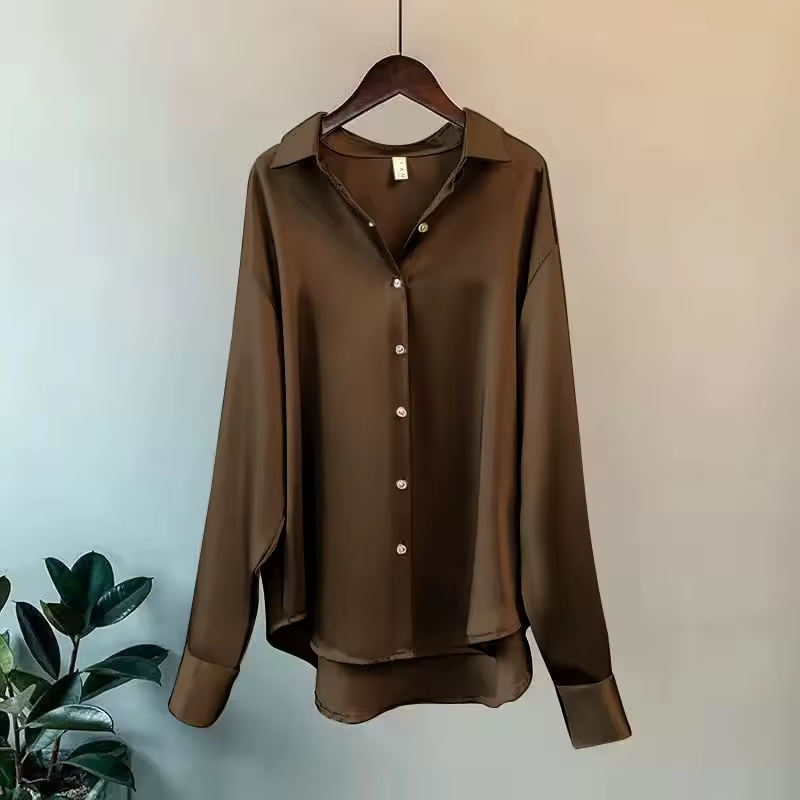 Women's Satin Long Sleeve Collared Blouse