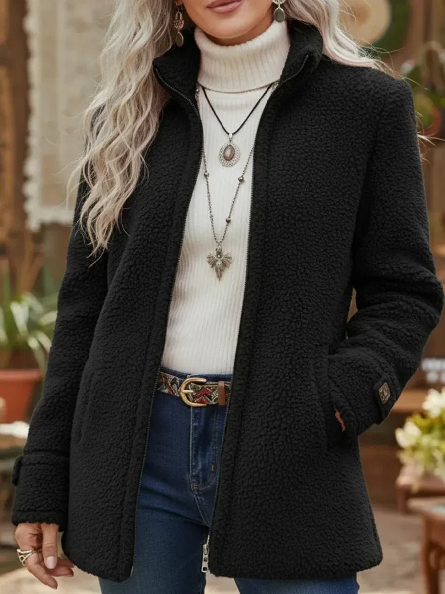 Women's Fleece Jacket with Stand Collar and Zip Front