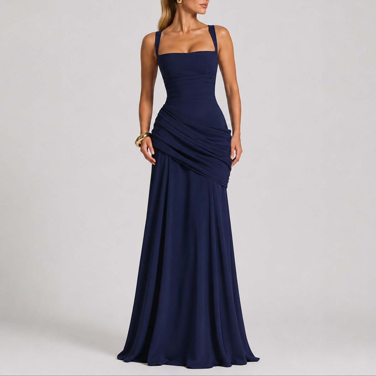 Women's Ruched Maxi Dress with Square Neck