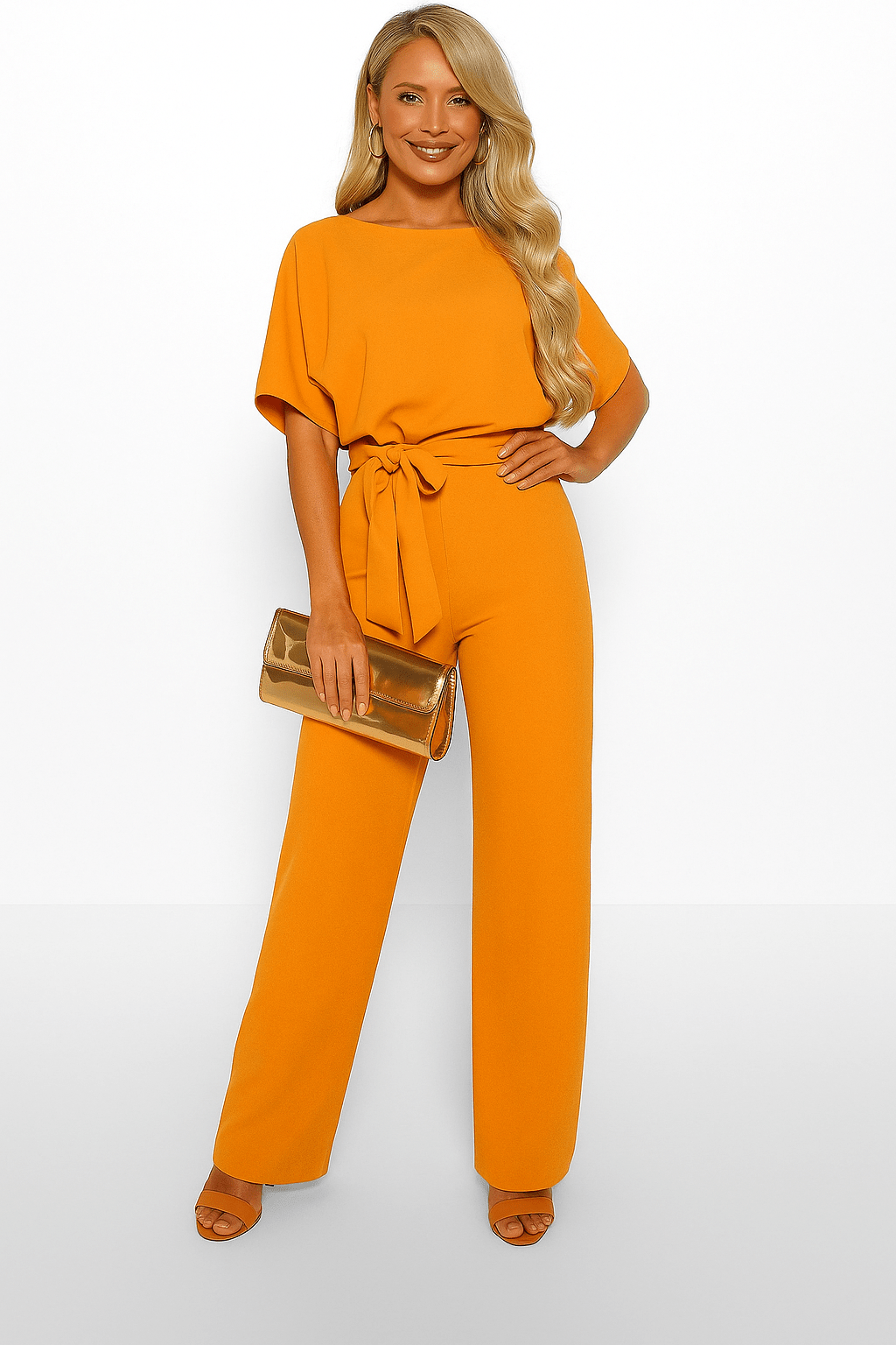 Women's Short Sleeve Belted Wide Leg Jumpsuit