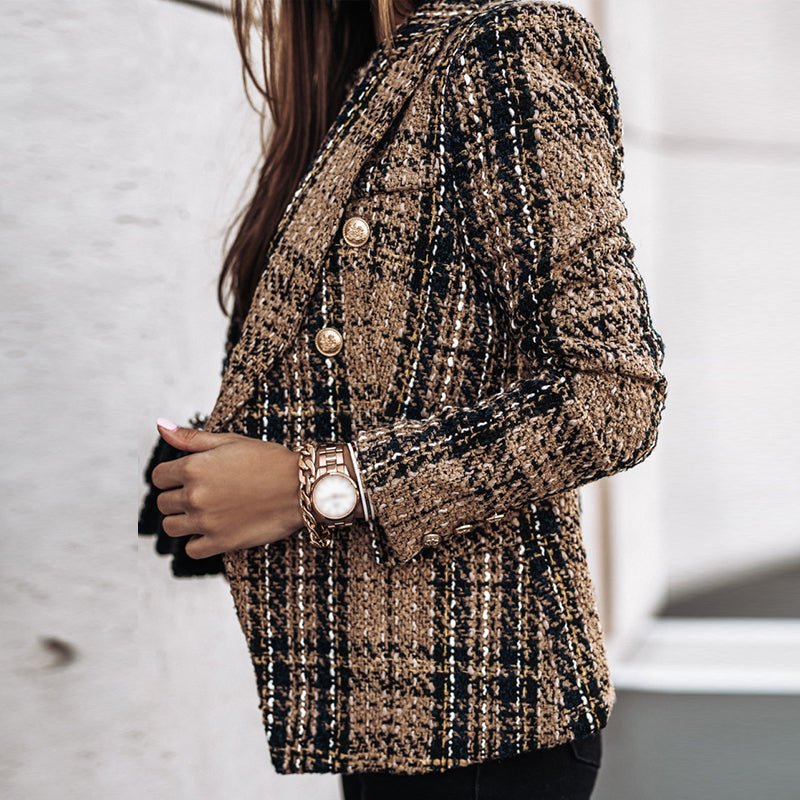Women's Plaid Tweed Blazer with Gold Buttons