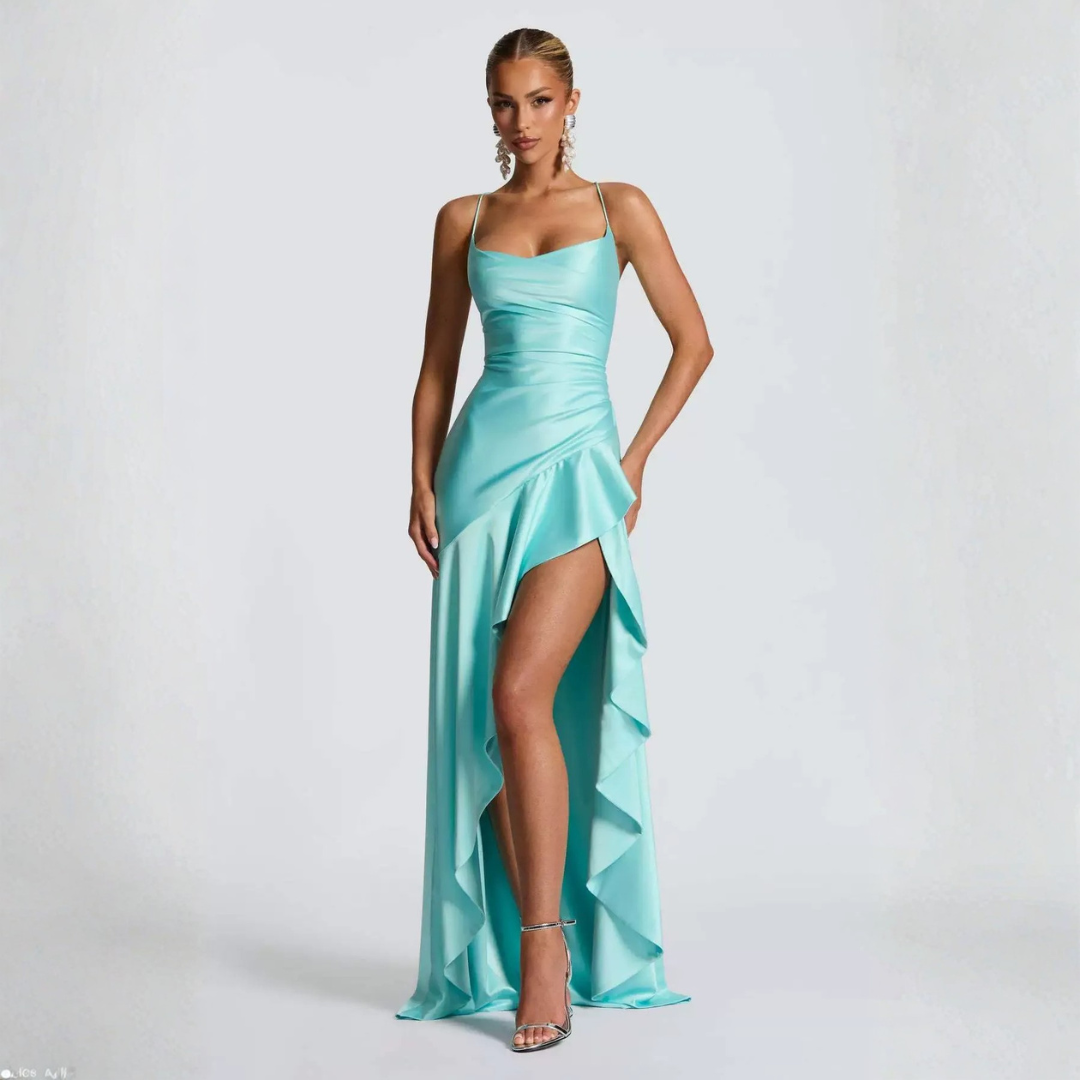 Elegant Draped Satin Maxi Dress with High Slit for Evening Events 14