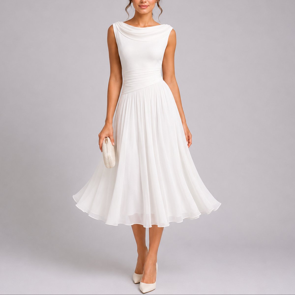 Women's Sleeveless Pleated Midi Dress with Cowl Back