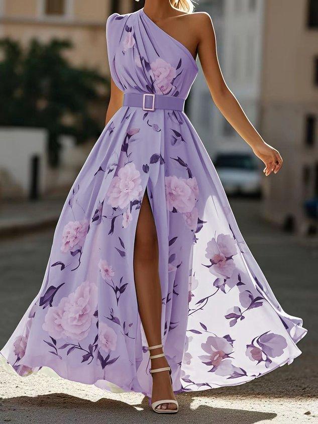 Julie | Light Green Floral Chiffon One-Shoulder Maxi Dress 10