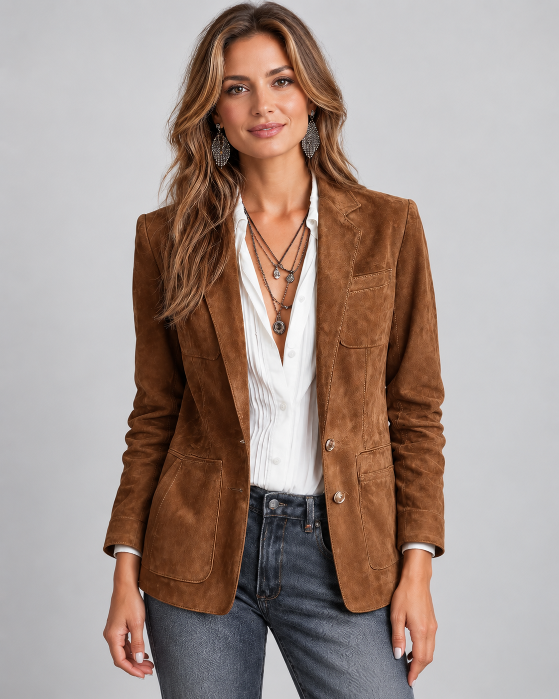 Women's Faux Suede Blazer – Notch Lapel, Button Front
