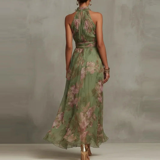 Women's Floral Chiffon Evening Maxi Dress with Halter Neck