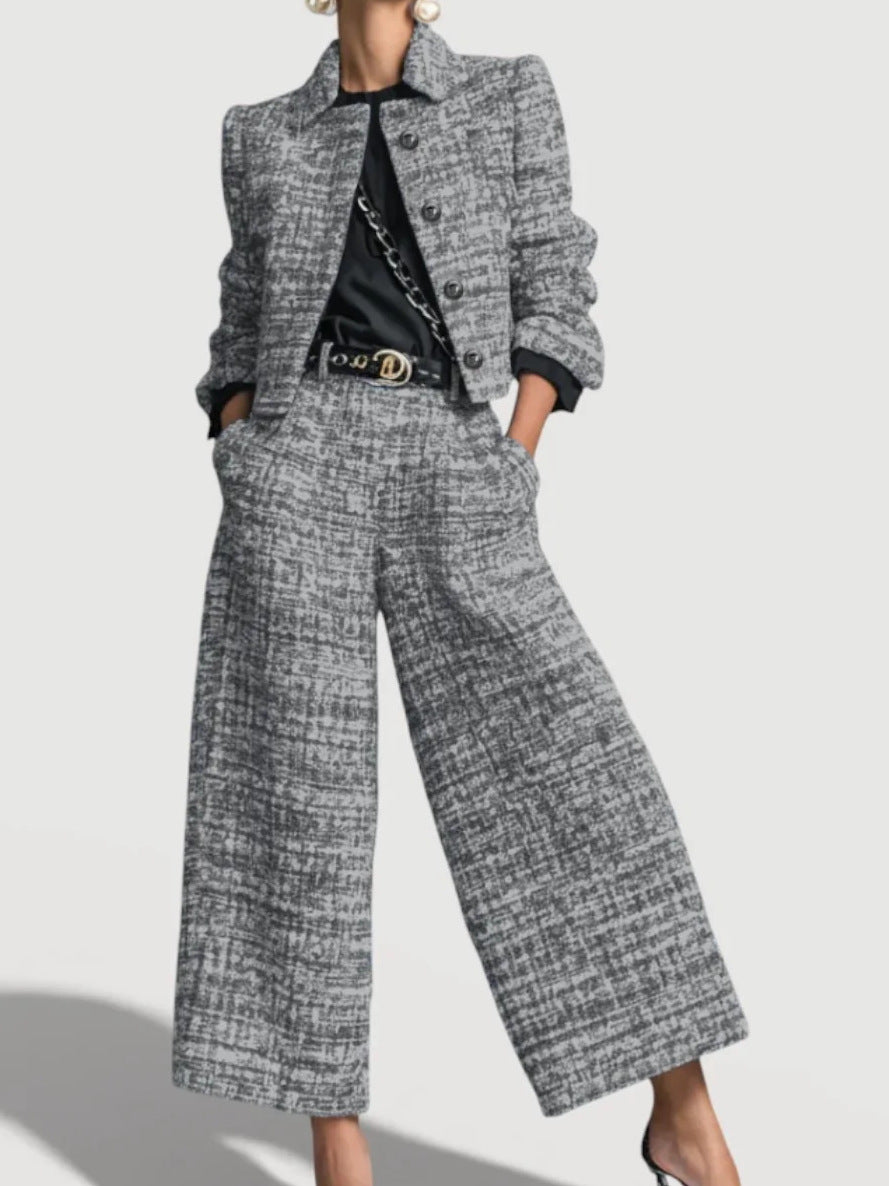 Women's Tweed Blazer Set – Wide-Leg Pants, Textured Woven