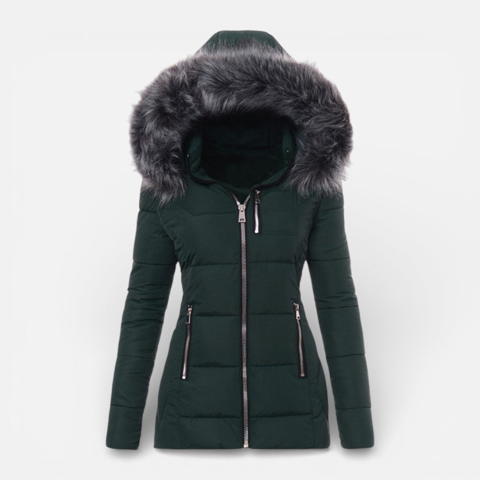 Women's Quilted Hooded Jacket with Faux Fur Trim