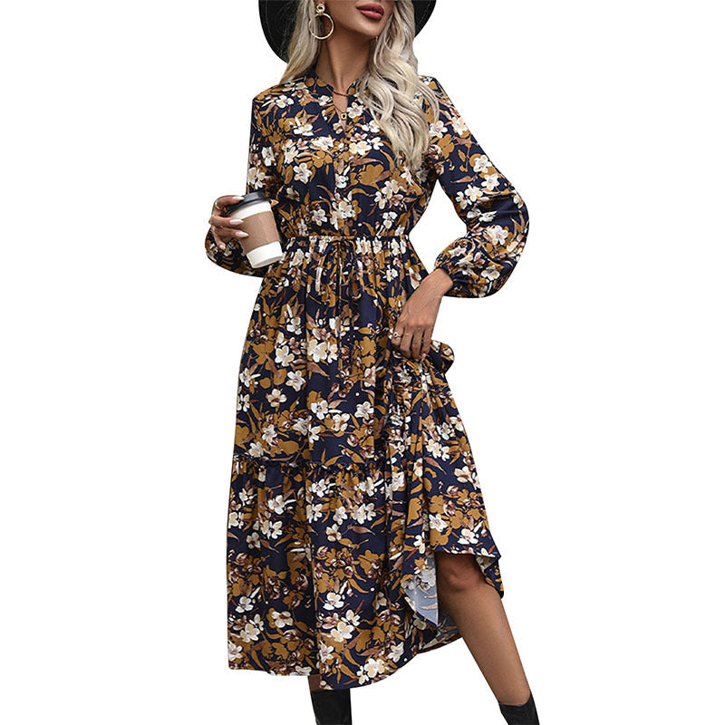 Women's Midi Dress – Floral, Long Sleeve, Tiered Hem
