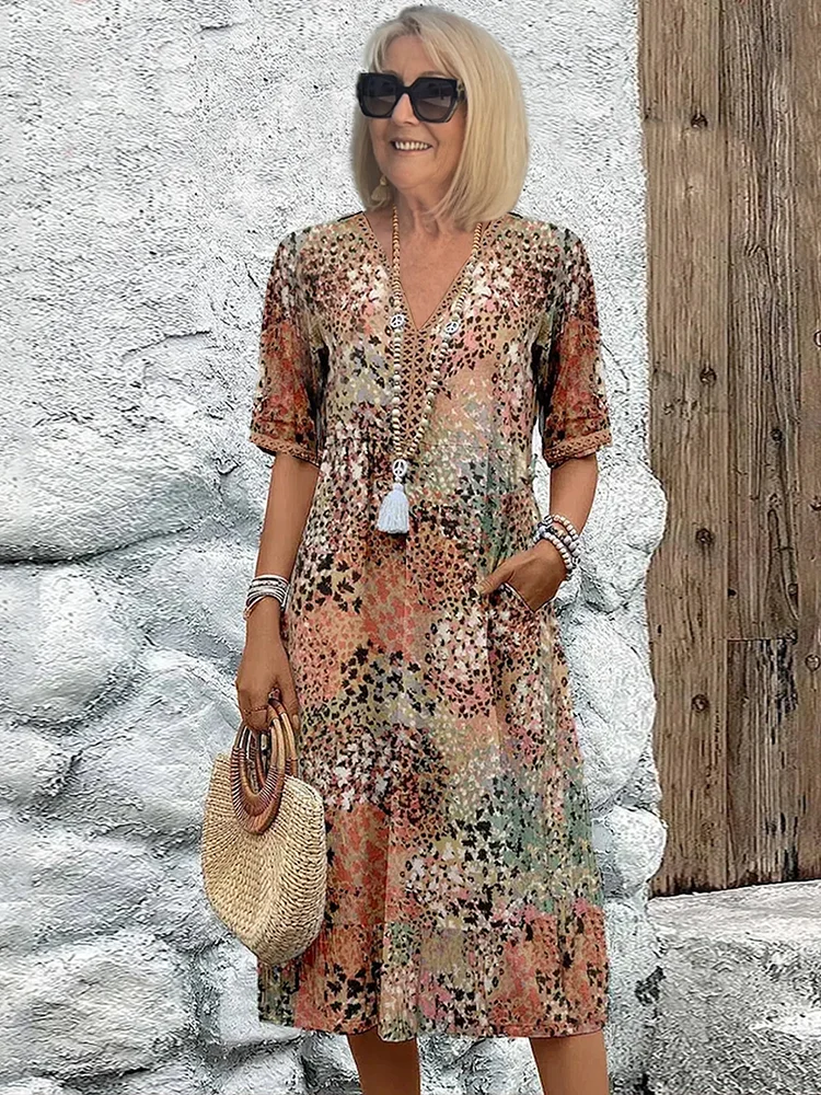 Women's Printed V-Neck Midi Dress Short Sleeve