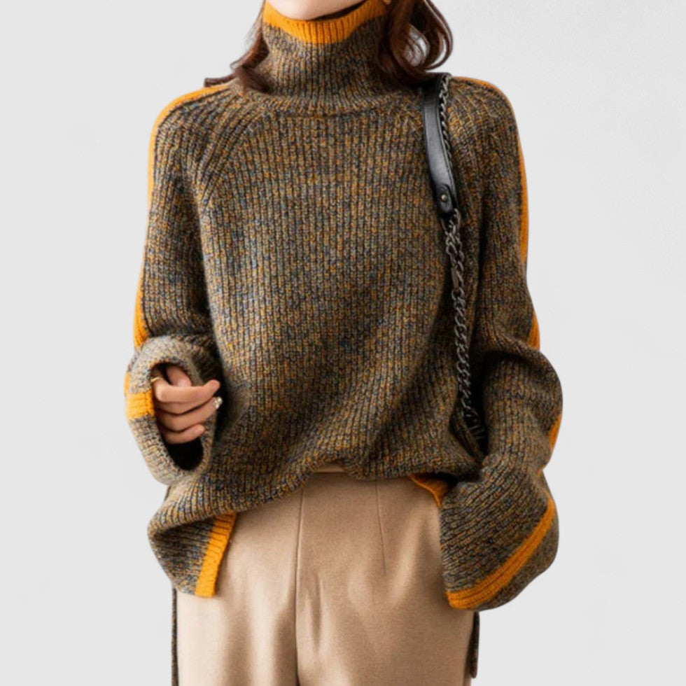 Women's Turtleneck Ribbed Knit Sweater with Contrast Trim