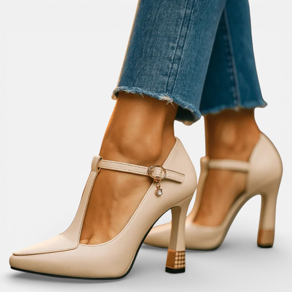 Women's T-Strap Pumps with Pointed Toe and High Heel