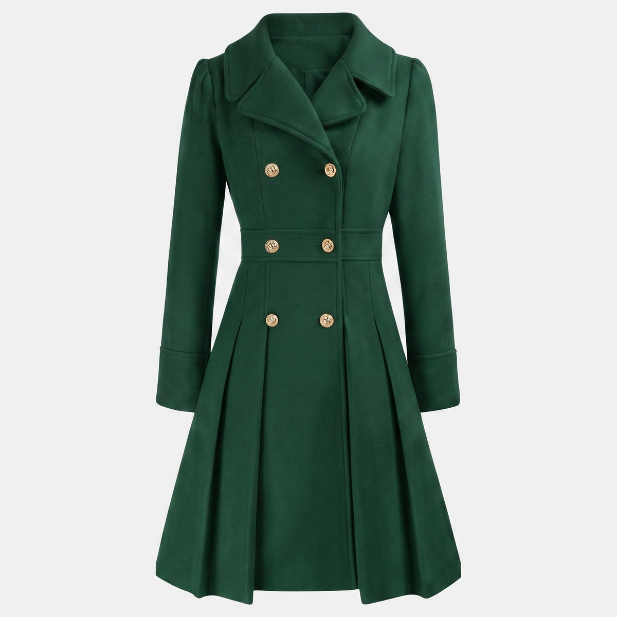 Women's Wool Coat – Double-Breasted, Pleated Flare
