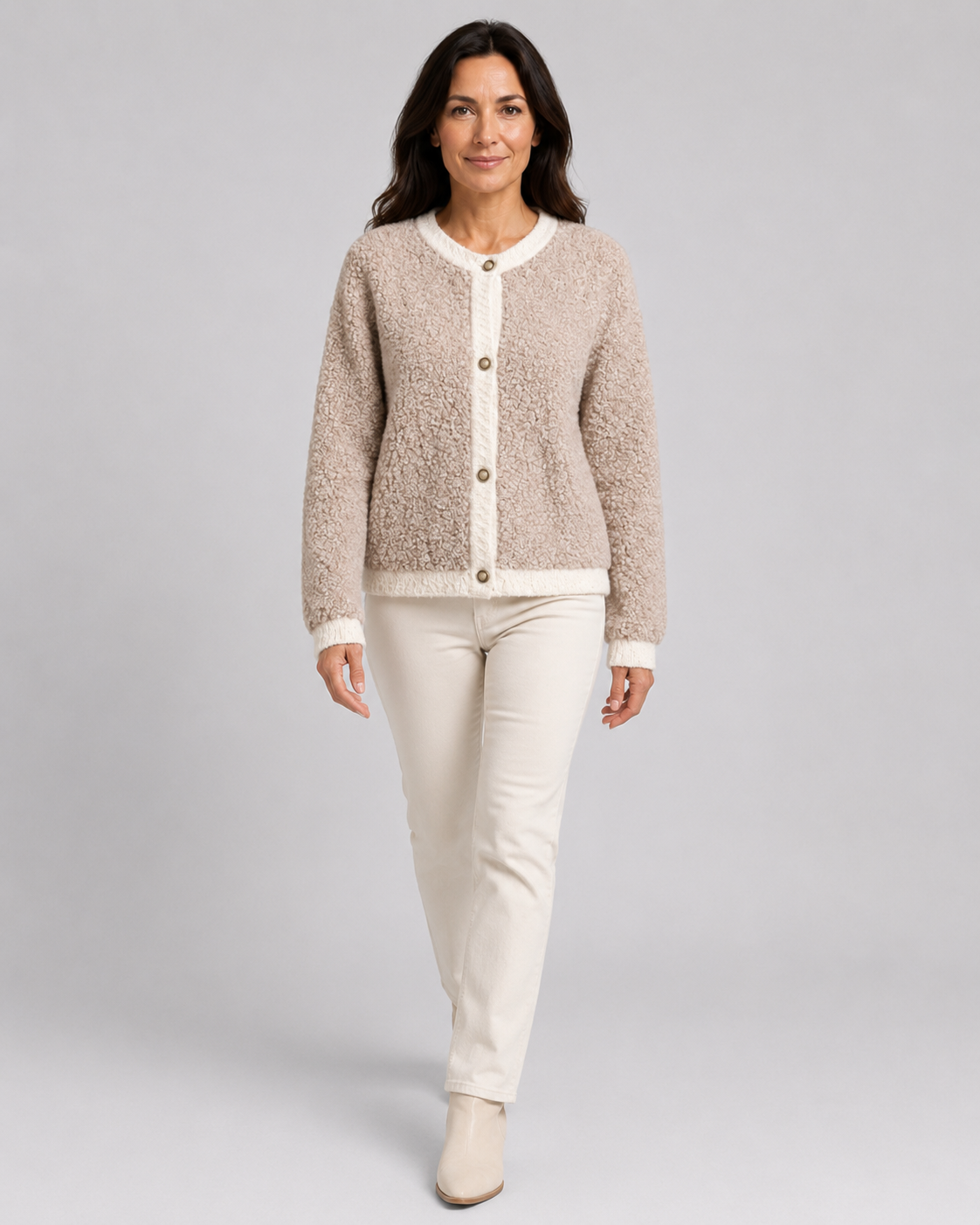 Women's Cardigan – Bouclé Knit, Contrast Trim