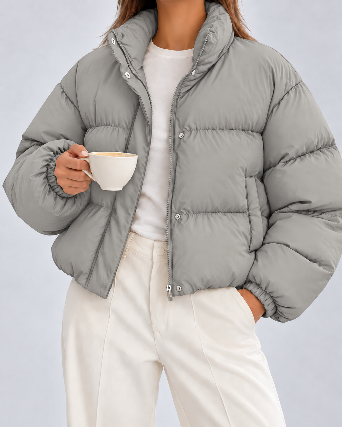 Women's Puffer Jacket – Cropped Quilted, Funnel Neck