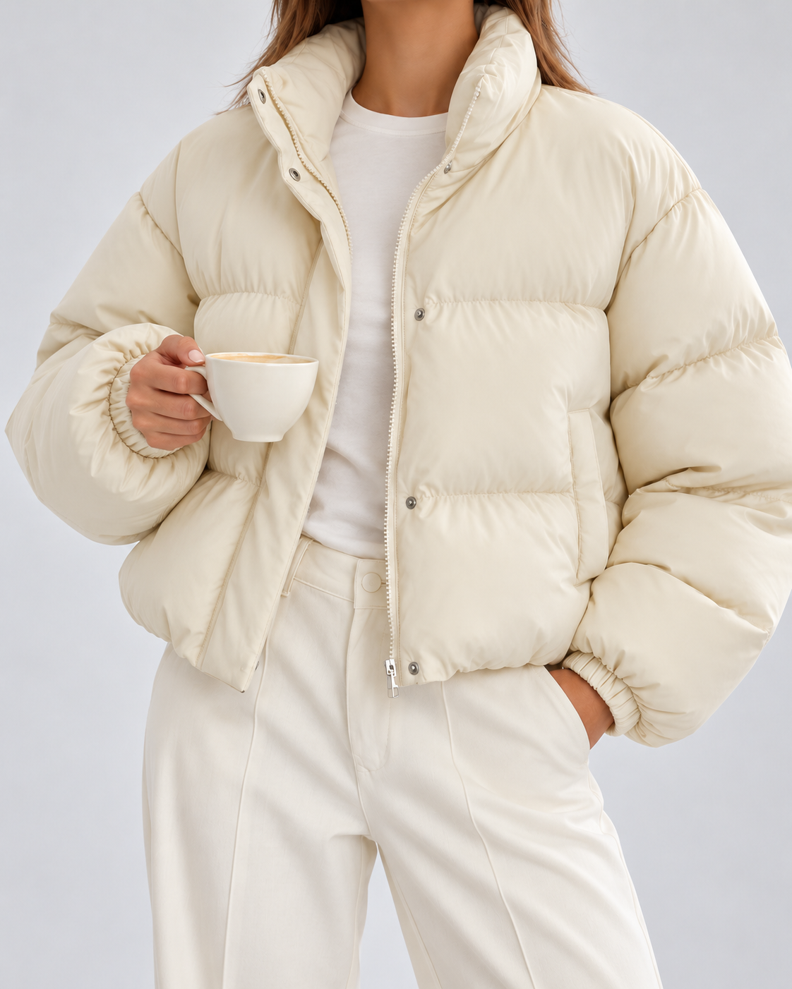 Women's Puffer Jacket – Cropped Quilted, Funnel Neck