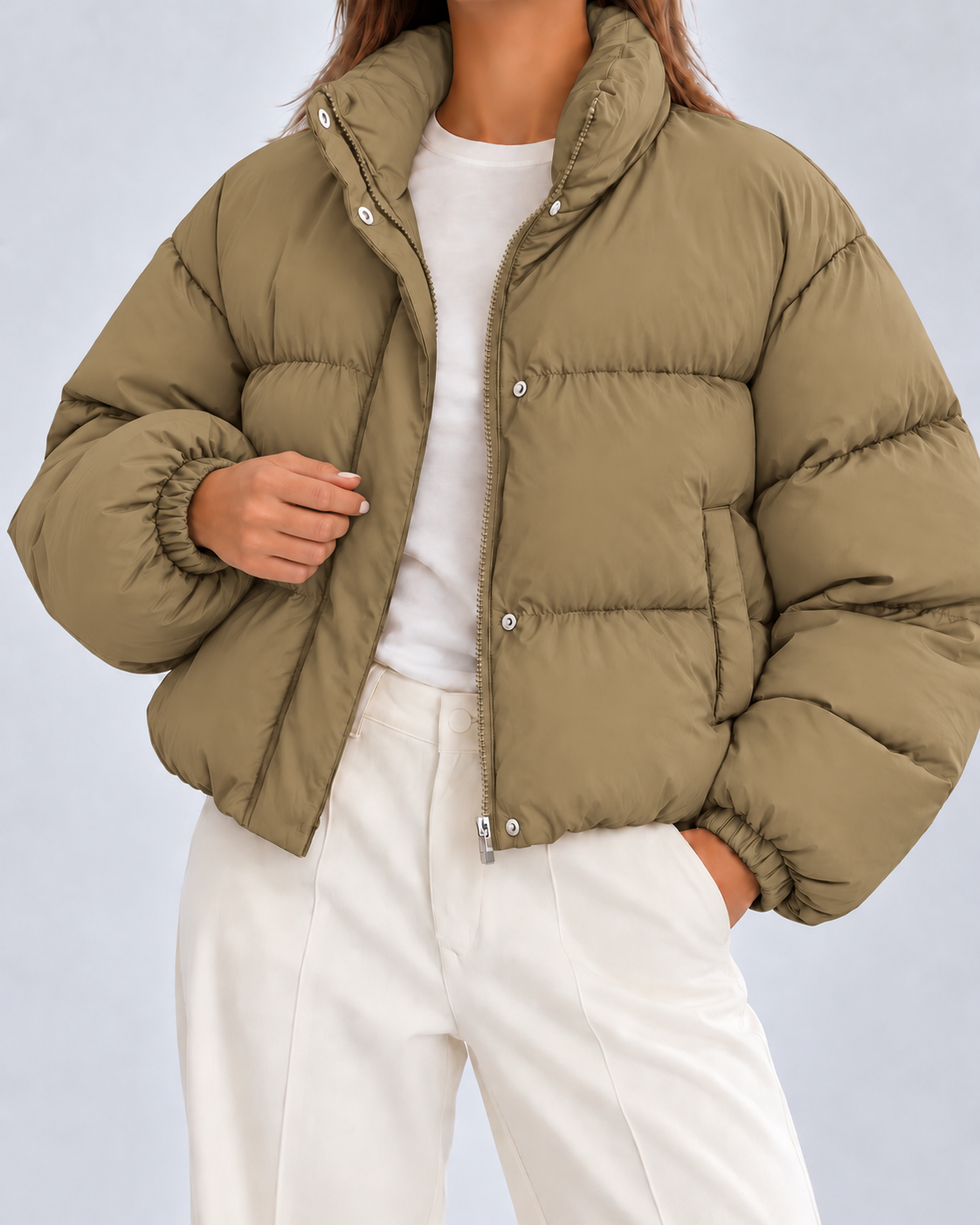 Women's Puffer Jacket – Cropped Quilted, Funnel Neck