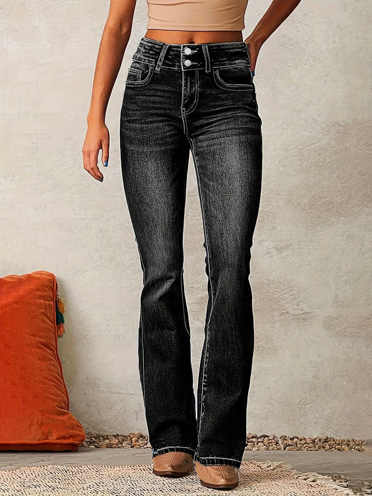 Women's Flared Jeans – High-Rise, Double-Button Waist