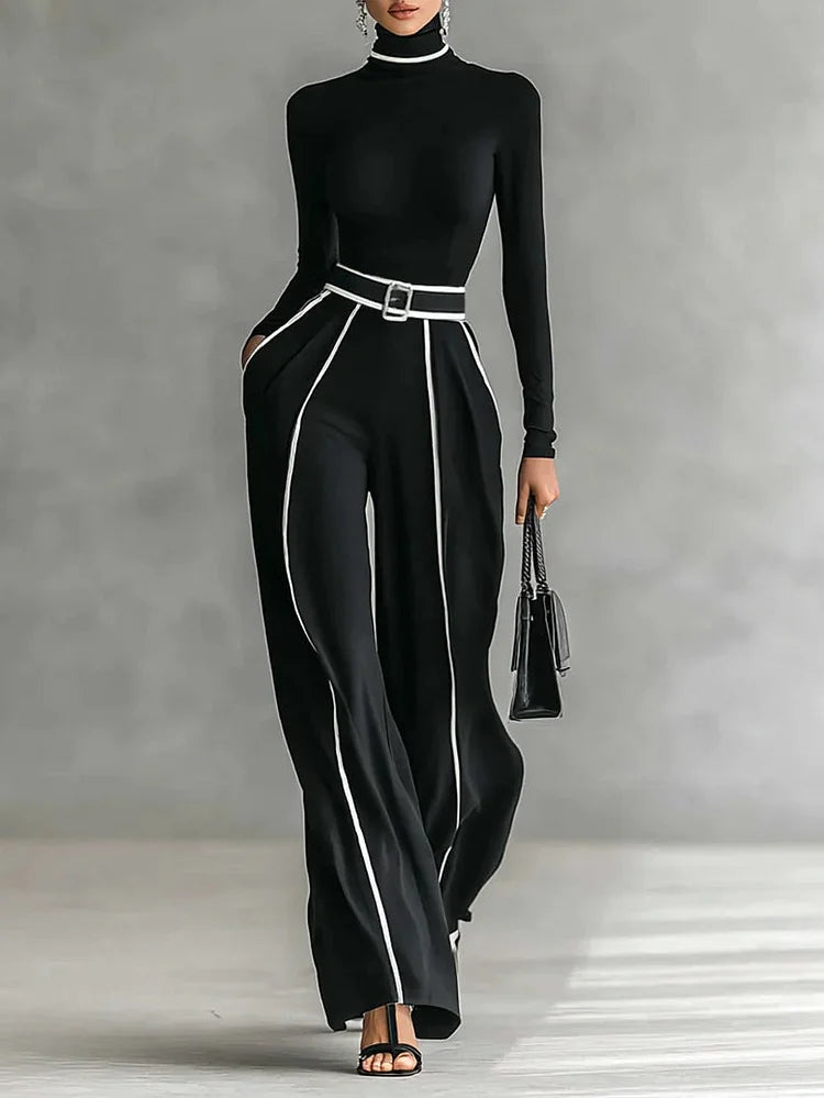 Women's High Neck Top and Wide-Leg Pants Set with Belt