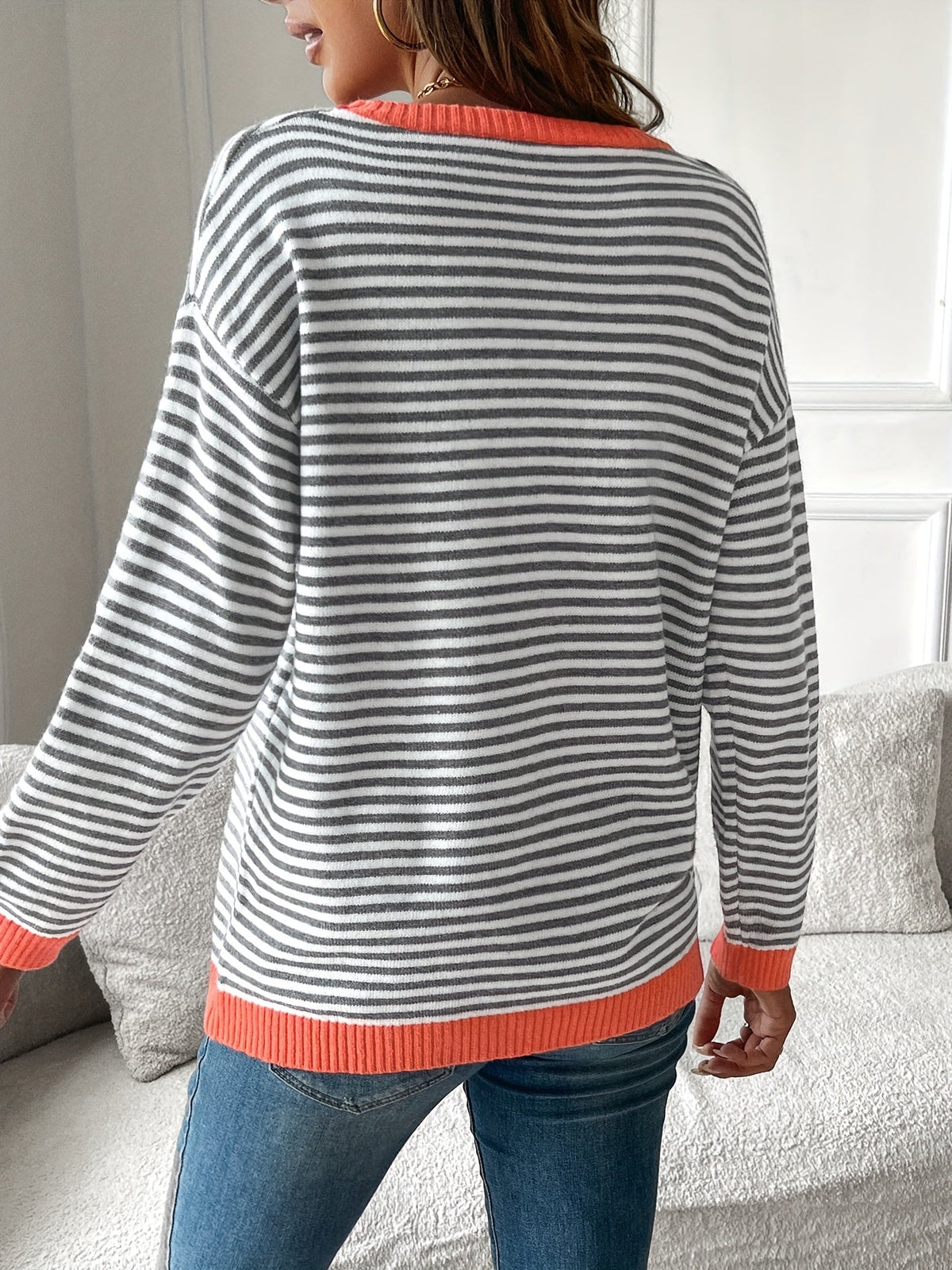 Women's Crewneck Sweater – Striped, Ribbed Trim