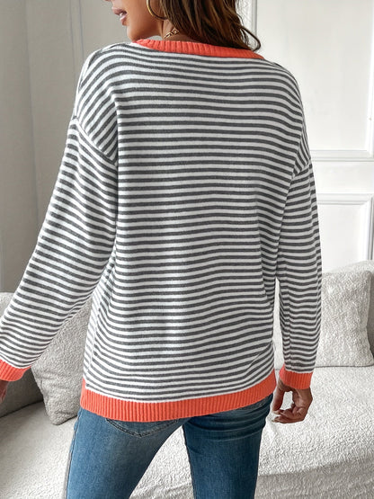 Women's Crewneck Sweater – Striped, Ribbed Trim