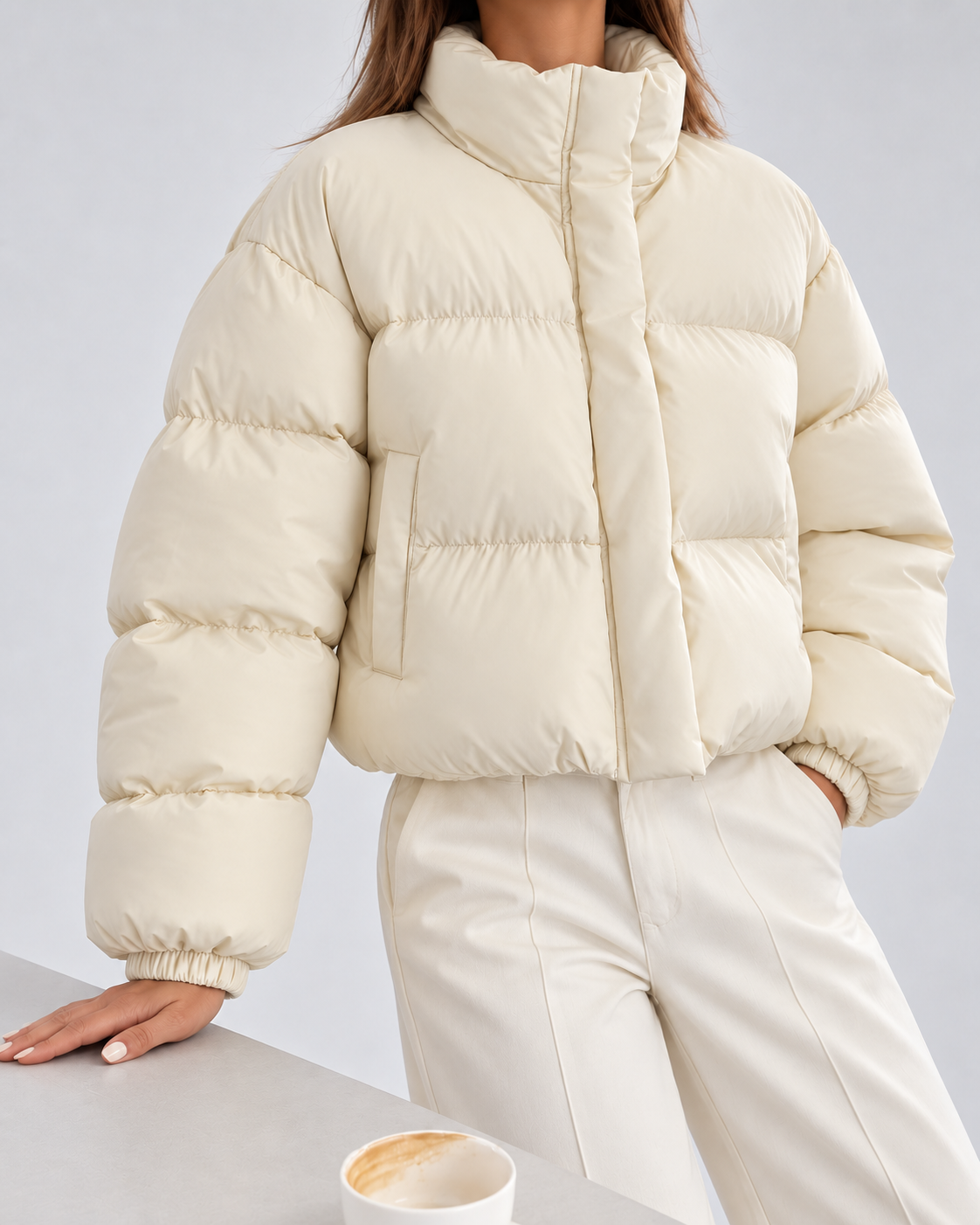 Women's Puffer Jacket – Cropped Quilted, Funnel Neck