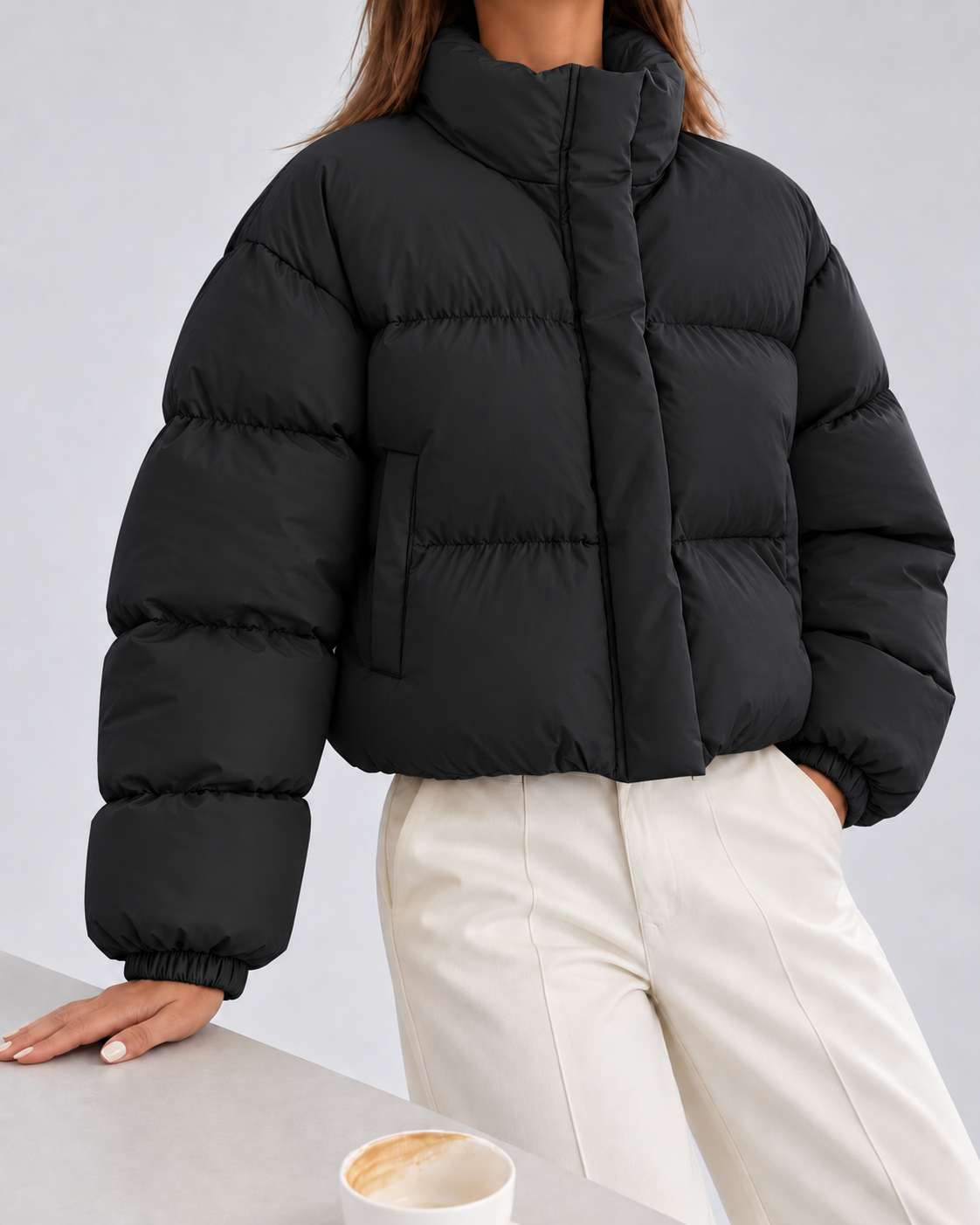 Women's Puffer Jacket – Cropped Quilted, Funnel Neck