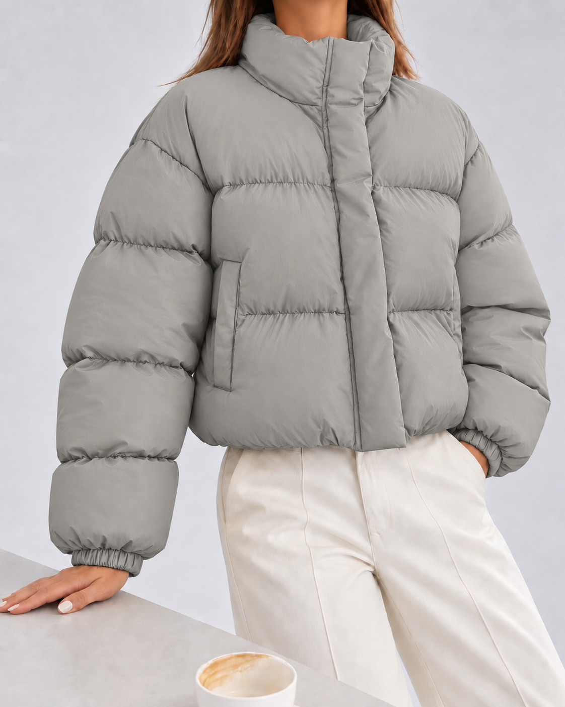 Women's Puffer Jacket – Cropped Quilted, Funnel Neck