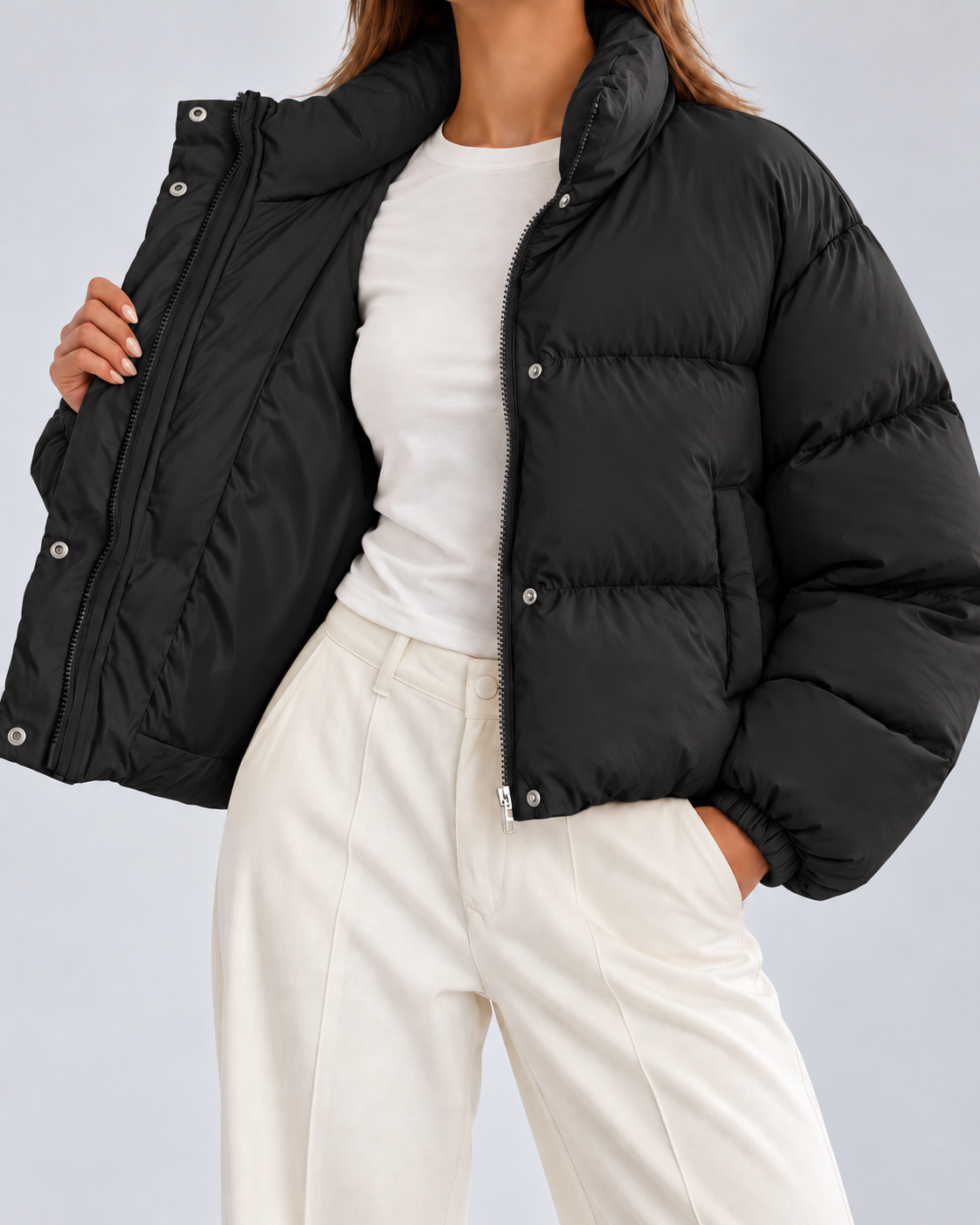 Women's Puffer Jacket – Cropped Quilted, Funnel Neck