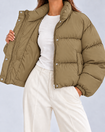 Women's Puffer Jacket – Cropped Quilted, Funnel Neck