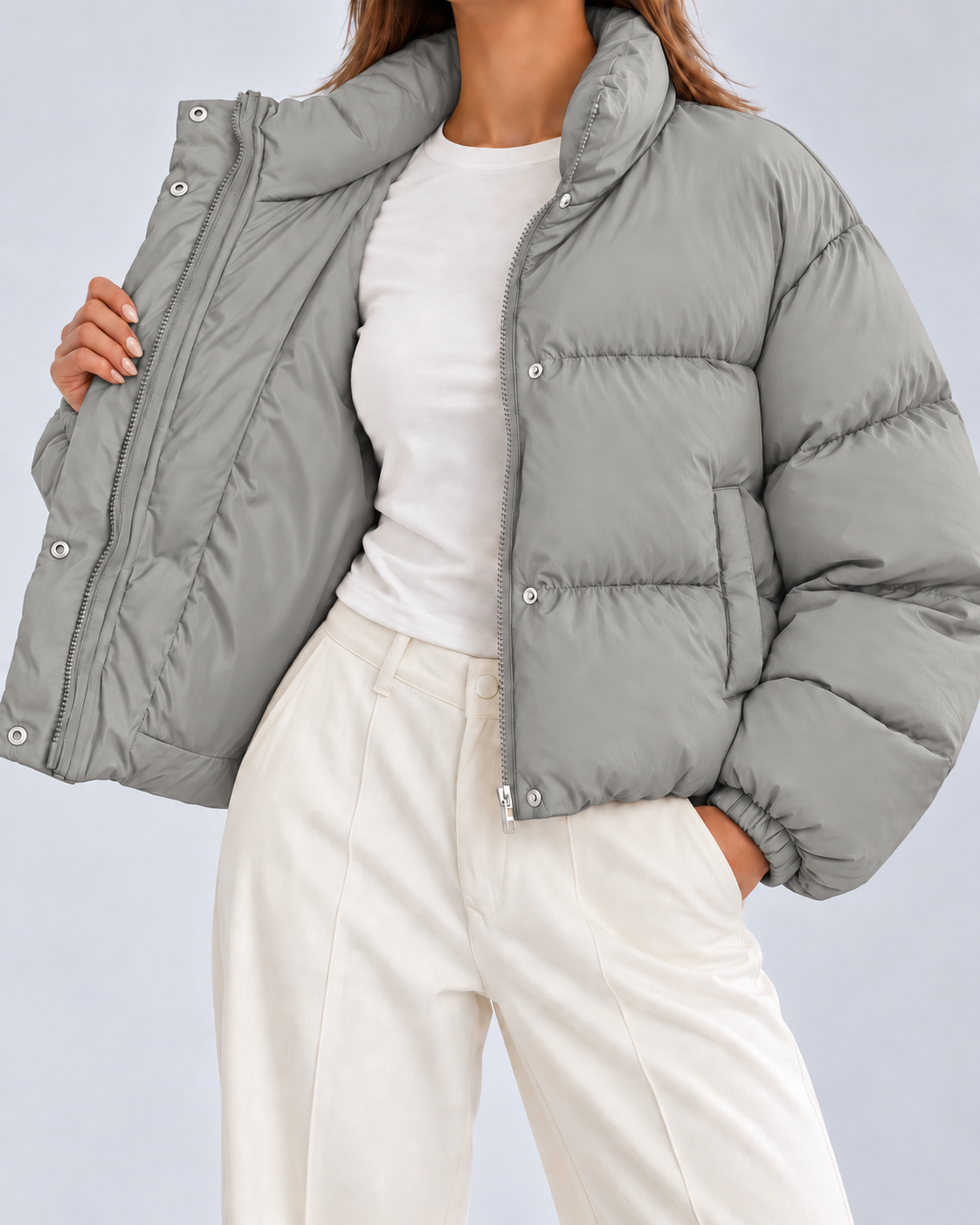 Women's Puffer Jacket – Cropped Quilted, Funnel Neck