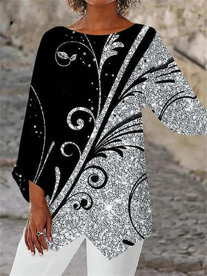 Women's Tunic Top – Asymmetrical Hem, Sparkly Print