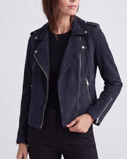 Women's Biker Jacket – Cropped Faux Suede, Lapel Collar