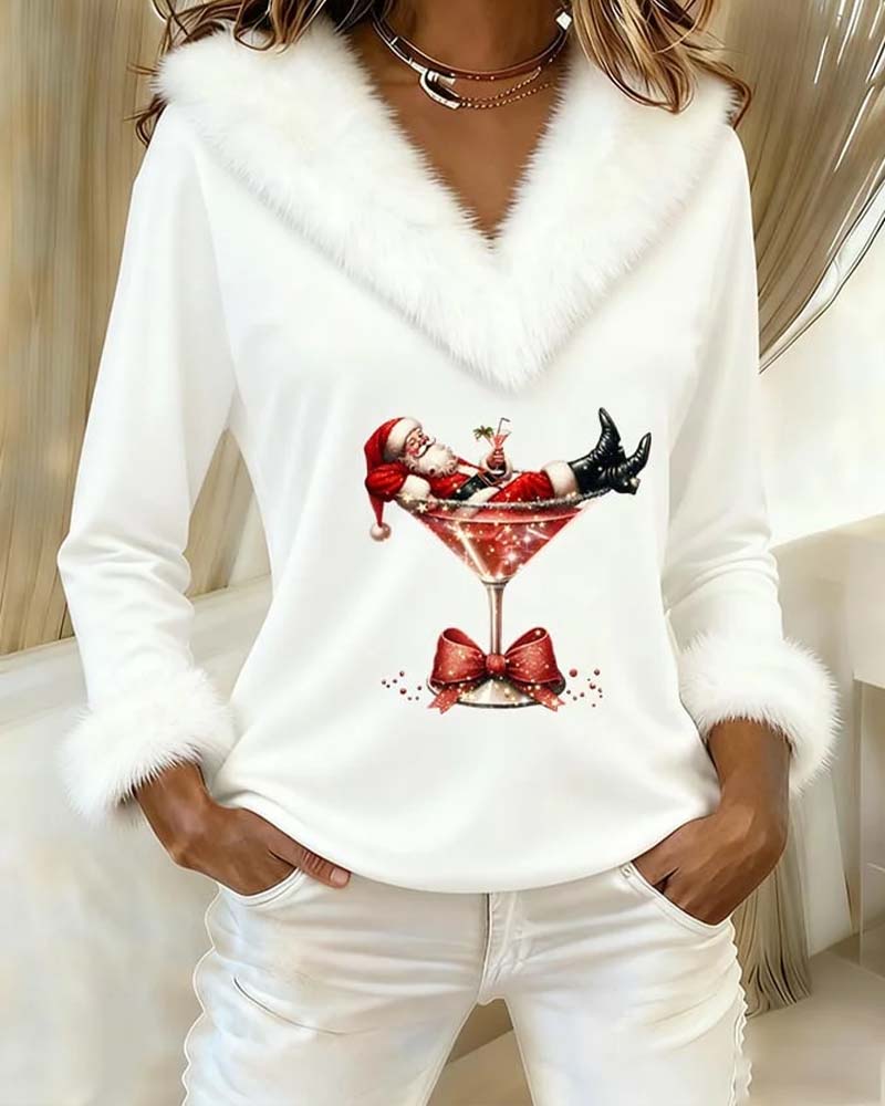Women's V-Neck Faux Fur Trim Graphic Top