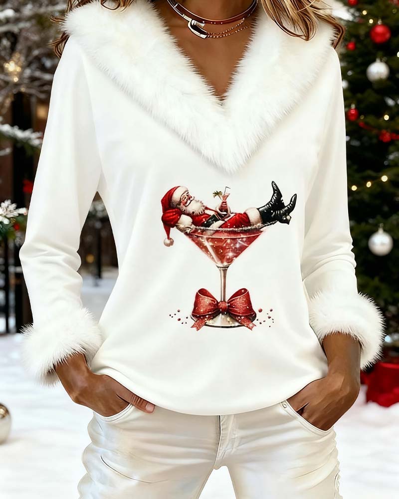 Women's V-Neck Faux Fur Trim Graphic Top