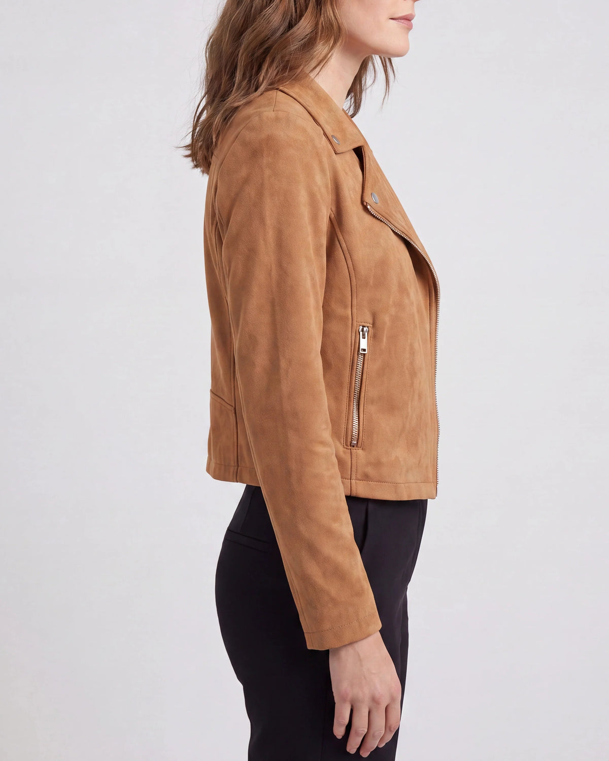 Women's Biker Jacket – Cropped Faux Suede, Lapel Collar