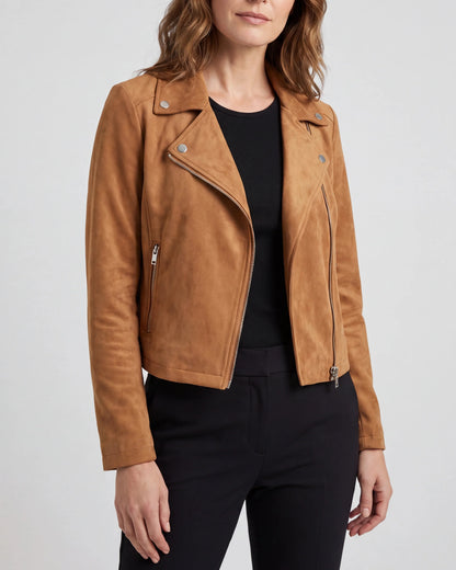 Women's Biker Jacket – Cropped Faux Suede, Lapel Collar