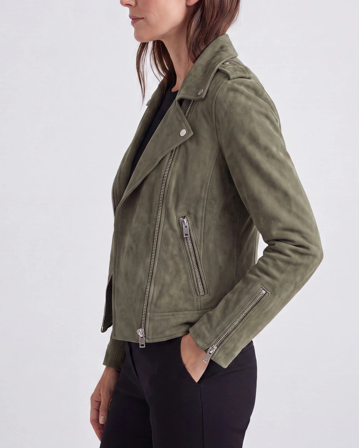 Women's Biker Jacket – Cropped Faux Suede, Lapel Collar