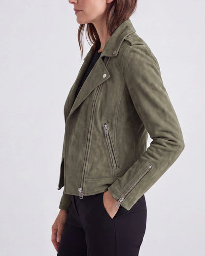 Women's Biker Jacket – Cropped Faux Suede, Lapel Collar