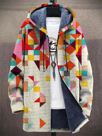Men's Winter Hooded Jacket – Fleece Lining, Geometric Pattern