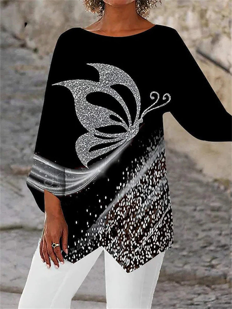 Women's Tunic Top – Asymmetrical Hem, Sparkly Print