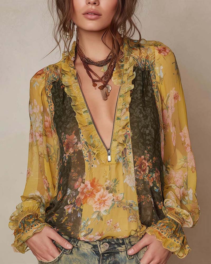 Women's Floral Ruffle V-Neck Blouse with Front Zipper